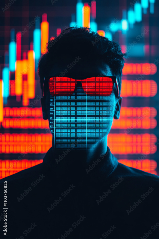 Poster ai generated data analysis of business metrics by a young analyst in a futuristic office environment