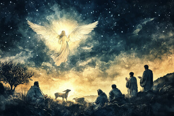 A digital watercolor illustration of an angel in the sky, illuminated by divine light, announcing the birth of Jesus to a group of startled shepherds. The peaceful night sky and the simple, humble