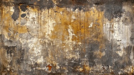 Distressed wall surface showcasing dark brown and gray textures with splashes of yellow and white, highlighting wear and artistic imperfections.