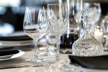 A table setting with elegant glassware, including wine glasses, water goblets, and crystal decanters, emphasizing the sophistication and clarity of high-quality glass.