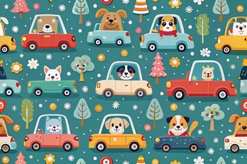 Playful Cartoon Dogs in Cars Pattern for Kids' Fabrics and Textiles, Perfect for Wallpaper and Apparel Designs Featuring a Fun and Whimsical Childish Aesthetic