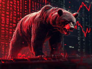 Aggressive bear with stock market background in red tones. 