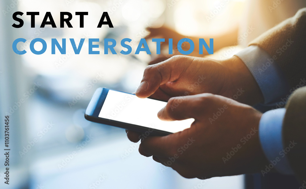 Aufkleber business person, hands and typing with phone screen for communication, app or connectivity at office