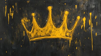 Bold yellow crayon drawing of a child's crown against a textured black background, featuring drips and splatters for a playful artistic effect.