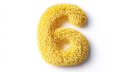 Furry yellow number six with a whimsical design creating a 3D illusion against a clean white background, perfect for playful themes.