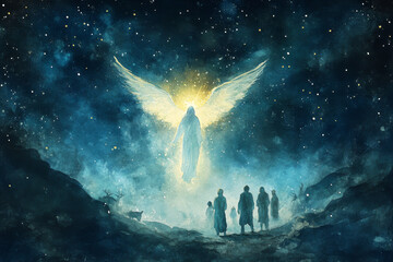 A digital watercolor illustration of an angel in the sky, illuminated by divine light, announcing the birth of Jesus to a group of startled shepherds. The peaceful night sky and the simple, humble