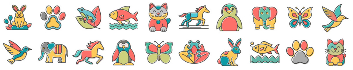 Fototapeta premium Good icon set of colorful toy animals in flat style