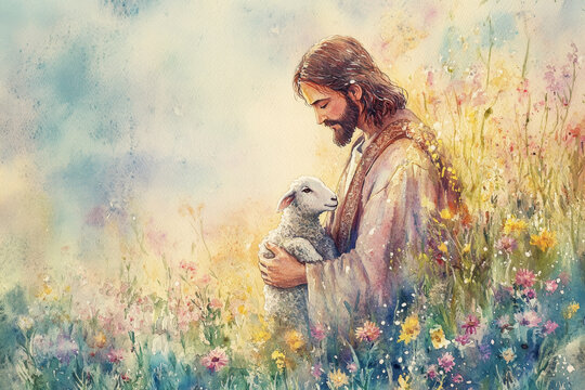 A gentle watercolor painting of Jesus with a lamb in his arms, standing in a field surrounded by wildflowers. Soft pastel tones create an aura of peace and kindness.