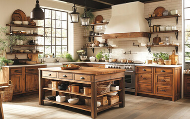 Farmhouse-style kitchen featuring a large island, wooden cabinets, vintage accessories, and open shelving, blending rustic charm with a modern design for a cozy, inviting atmosphere.

