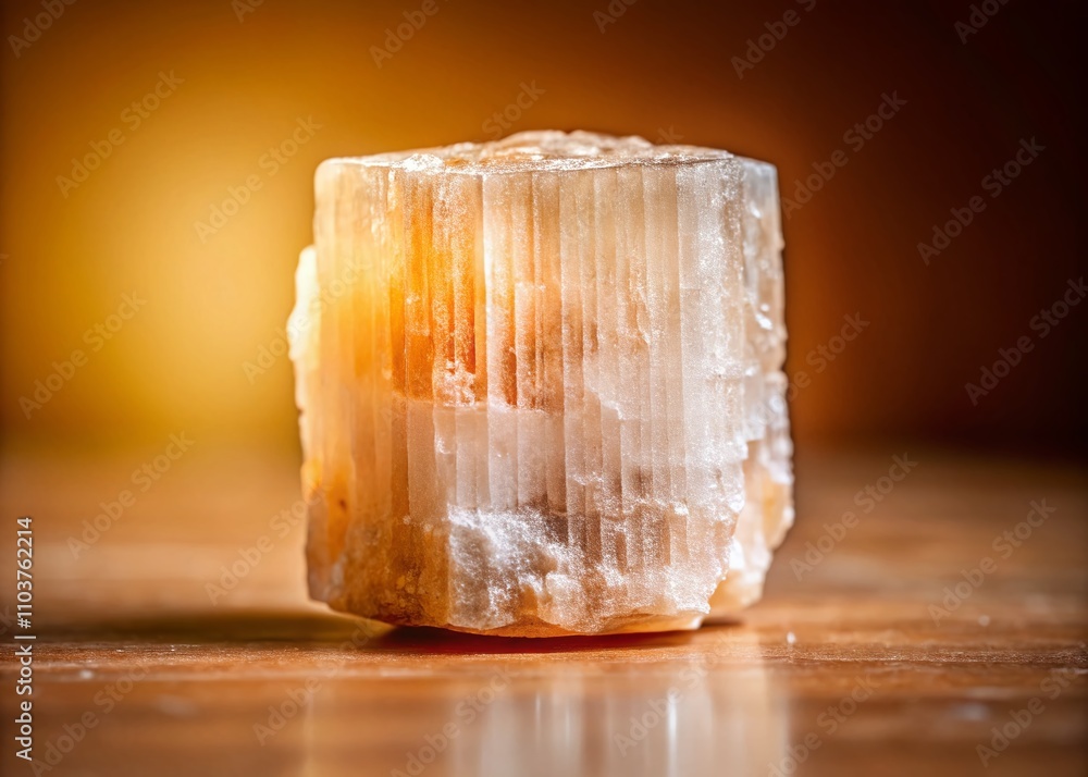 Poster polished selenite in studio setting with natural light on a soft surface, showcasing the crystal's u