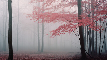 Misty forest with pink autumn leaves. Concept of mystery, tranquility, and autumn.