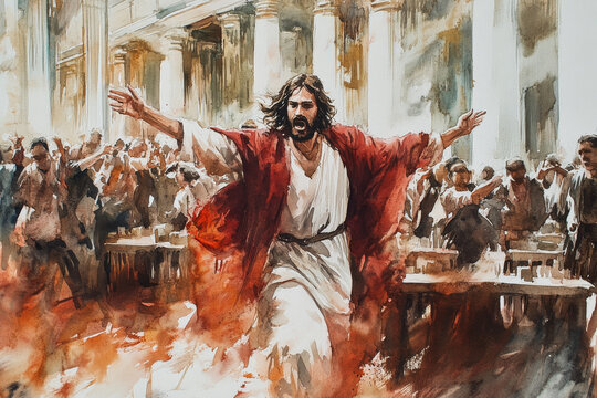 A dramatic watercolor of Jesus overturning the tables in the temple. Bold strokes of red, brown, and white create movement and energy, emphasizing the righteous anger of the scene.