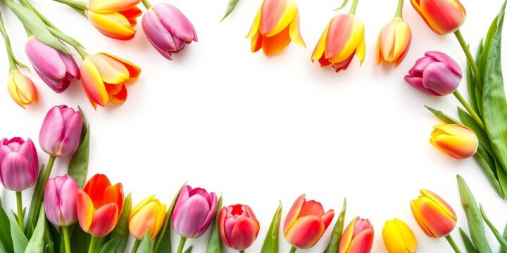 Colorful tulip flowers create a beautiful botanical border frame for Easter celebrations, with a white background symbolizing the arrival of spring, happy, frame