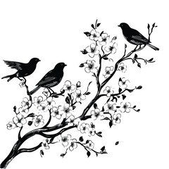 Flock of flying birds on tree branch vector white illustration