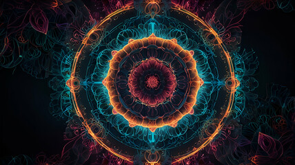 Symmetrical neon fractals forming a futuristic rose pattern. Background/Wallpaper