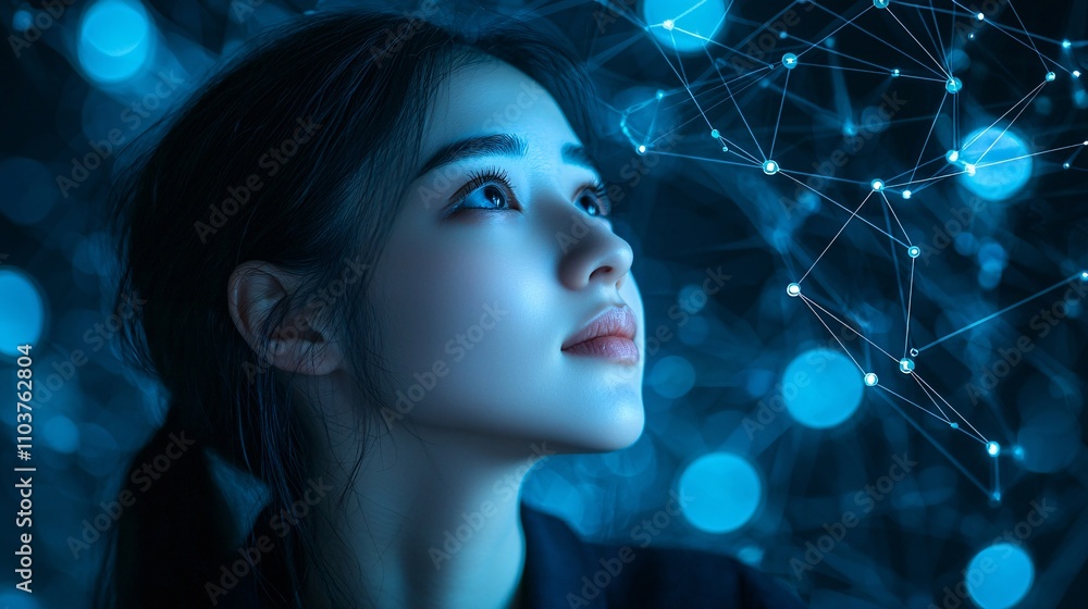 Poster A woman demonstrating the integration of artificial intelligence in everyday life at a tech fair Stock Photo with side copy space