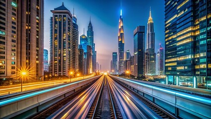 Fototapeta premium POV Timelapse Sequence of Dubai Metro Ride Along Sheikh Zayed Road on a Sunny Day, Showcasing Dubai’s Modern Architecture and Urban Landscape in the UAE