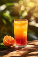 Fototapeta premium Layered citrus drink, ice, orange slice, sunlight.
