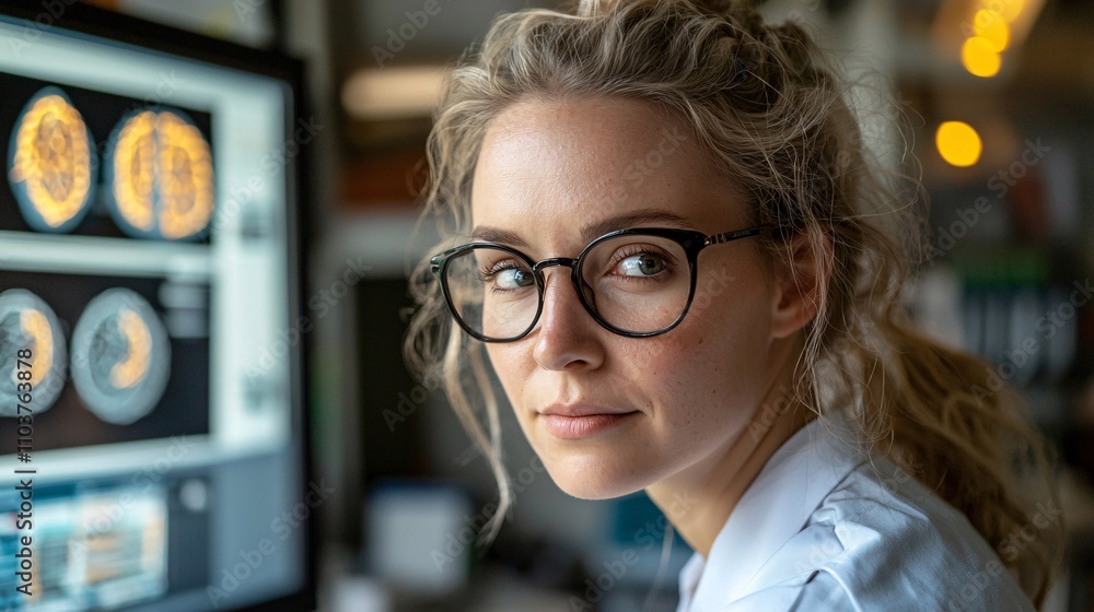 Poster a female futurist explaining the impact of technology on shaping a sustainable future stock photo wi