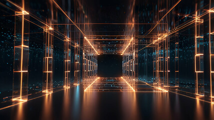 Interlocked transparent cubes creating a glowing infinite tunnel. Background/Wallpaper