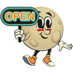 Moon mascot character illustration showing a sign that says open, cartoon mascot isolated, work of hand drawn