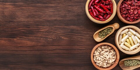 Medicine chinese treatment concept. A vibrant assortment of spices and herbs in wooden bowls, arranged on a rustic wooden surface, showcasing diverse textures and colors.