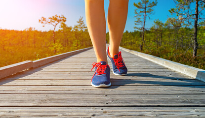 Woman on the wooden boardwalk on the swamp lake. Bog hiking.