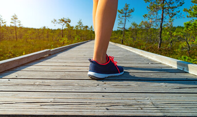 Woman on the wooden boardwalk on the swamp lake. Bog hiking.