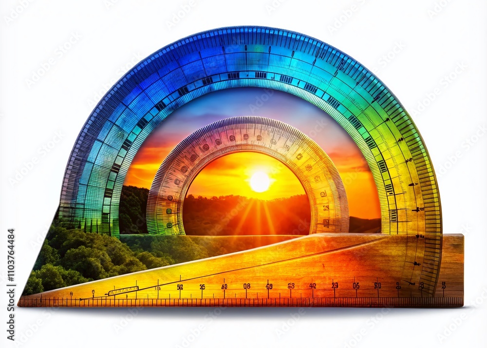 Poster protractor set isolated on white background featuring double exposure of measurement tools and geome