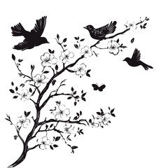 Flock of flying birds on tree branch vector white illustration