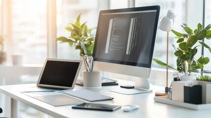 Modern Workspace Setup with Laptop, Desktop, and Plants: A Realistic Image