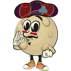 Moon mascot character illustration wearing a unique hat with a clover leaf symbol, cartoon mascot isolated, work of hand drawn