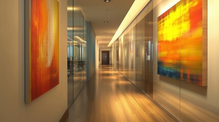 A hallway in a modern office with glass walls and artwork.