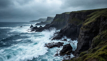 Obraz premium A stormy sea crashes against dramatic cliffs, showcasing nature's raw power and beauty.