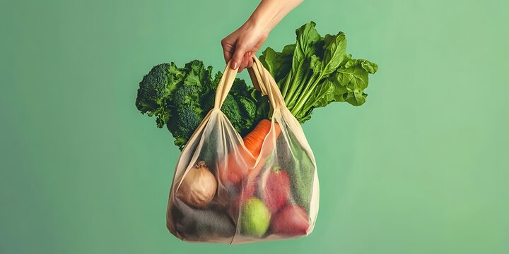 Hand holding bag with fresh vegetables over green background