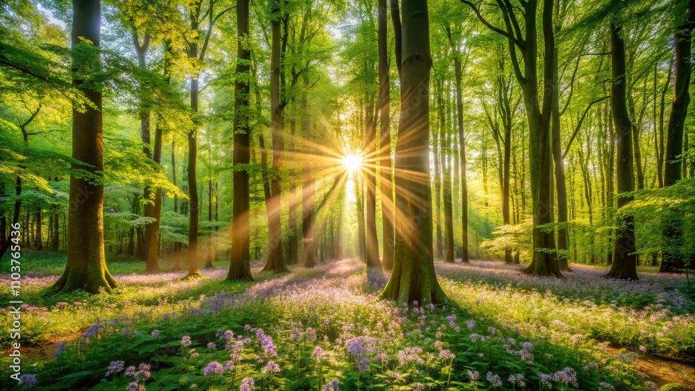 Poster radiant sunlight filtering through a lush forest canopy, creating ethereal light patterns and illumi