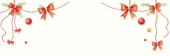 Obraz premium Watercolor Christmas frame with ornaments, bows, and paper cut decorations on beige background, cute naive handmade design, text space, frame, handmade, bows