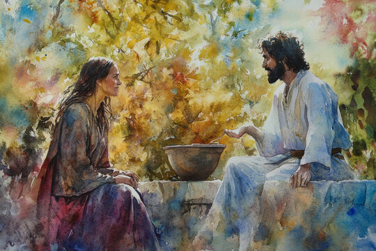 Jesus speaking with a Samaritan woman, offering living water. The watercolor uses earth tones, soft blues, and muted reds to create an image of peace, divine revelation, and grace.