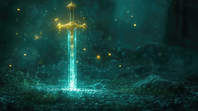 Luminescent fantasy sword glowing with ethereal light in a mystical forest setting surrounded by shimmering particles and misty ambiance.