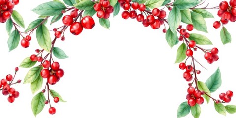 Fototapeta premium Watercolor Christmas wreath with red poinsettia and berries, with space in the middle for text or design, berries, holiday, foliage