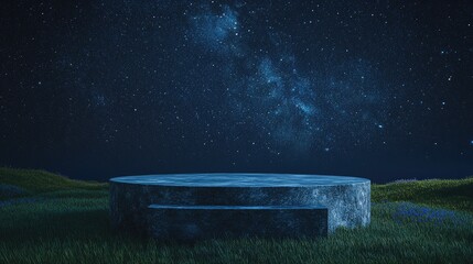 3D abstract scene showcasing a stone podium on a lush grassy field beneath a stunning starry night sky, perfect for product displays and creative advertising visuals.