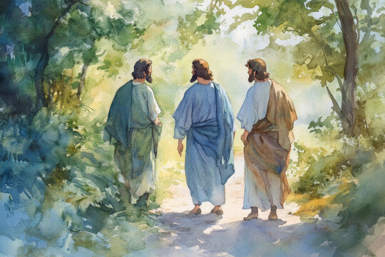 Jesus walking on the road to Emmaus with two disciples, sharing insights and peace. The watercolor uses soft greens, blues, and browns to convey revelation, divine presence, and fellowship.