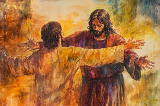 A vibrant watercolor of Jesus opening his arms to welcome a prodigal son. Warm golds, earthy browns, and soft light highlight the theme of forgiveness and love.