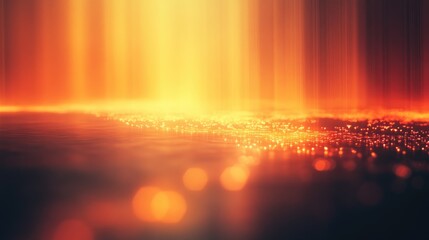 Softly blurred glowing lights creating an ethereal abstract background with warm orange and golden hues shimmering across a reflective surface.