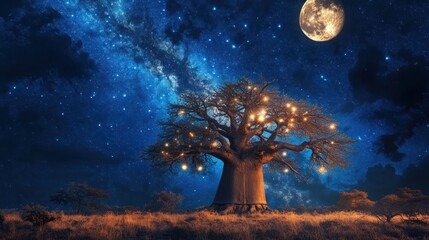 a baobab tree under a starry night sky, illuminated by moonlight