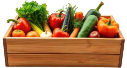 Rustic wooden box filled with fresh vegetables isolated on white or transparent PNG background