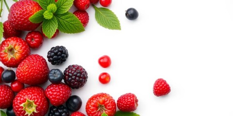 White card with red border surrounded by fresh red berries, decoration, fruit, berries