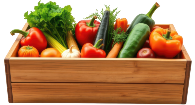 Rustic wooden box filled with fresh vegetables isolated on white or transparent PNG background