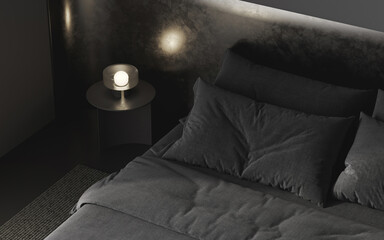Close-up coffee table in modern dark bedroom interior background, 3d rendering