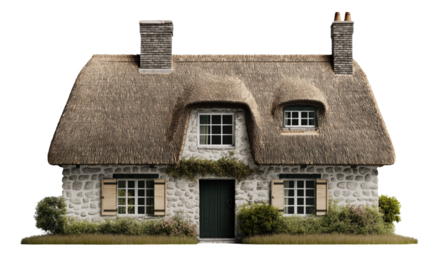 Stone cottage with a thatched roof and two chimneys